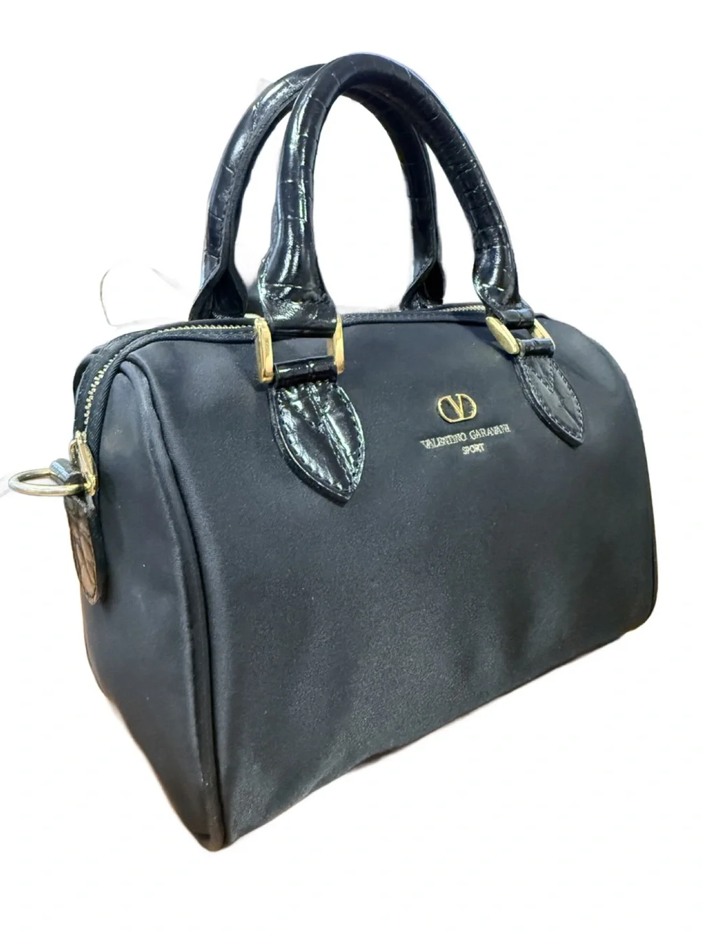 Valentino Garavani Sport Black Nylon & Croc Top-Handle Mini Boston Satchel